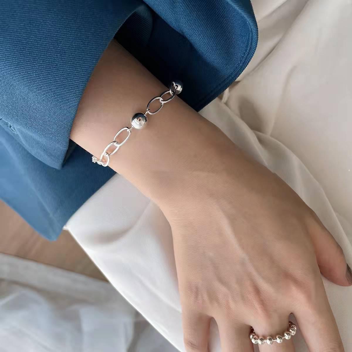 Su Chuang Women s S925 Sterling Silver Geometric Bead Chain Bracelet - Minimalist Design 925 Silver серебряный