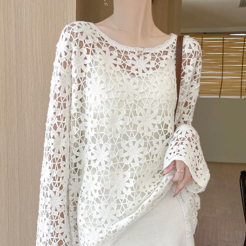 French Style Hollow Long Sleeve Cashmere Knit Sweater - Women's Autumn/Winter 2024 Collection Solid Color Top