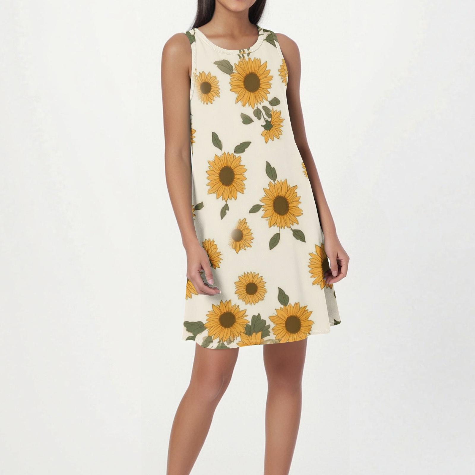 

Women Sleeveless Round Neck Floral Print Casual Beach Dress Lightweight Summer A Line Dress with Pockets for Daily Wear L белый
