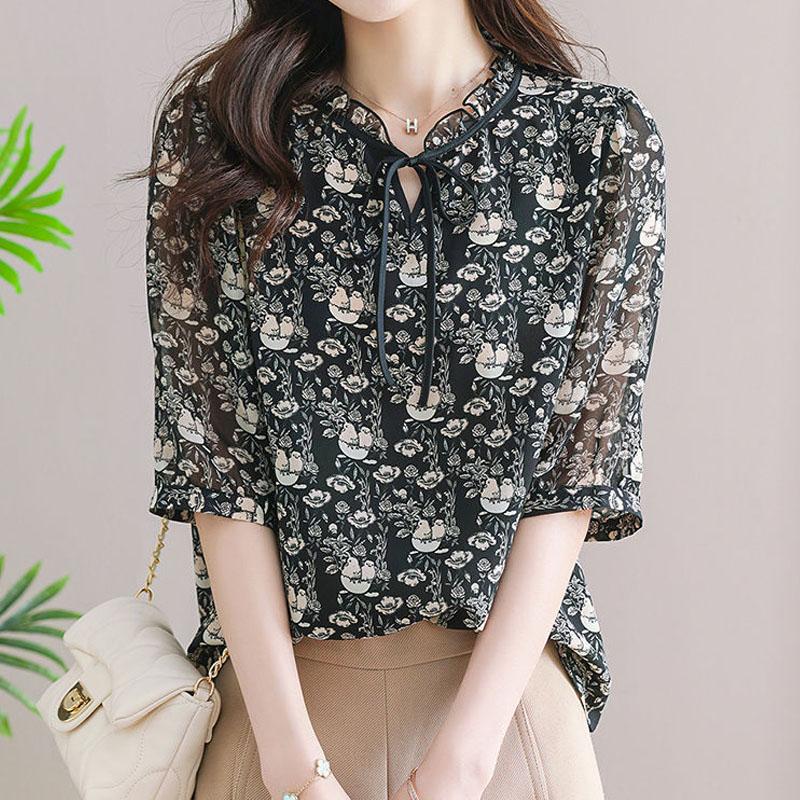 Elegant Temperament Printed Chiffon Blouse for Women Summer Fashion All-match Short Sleeve Shirt Summer Female Clothing