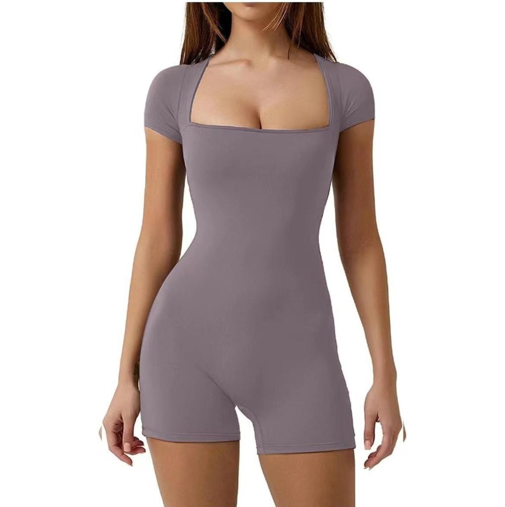 2025 Spring/Summer European & American Short-Sleeve Waist-Cinched Yoga Sports Jumpsuit
