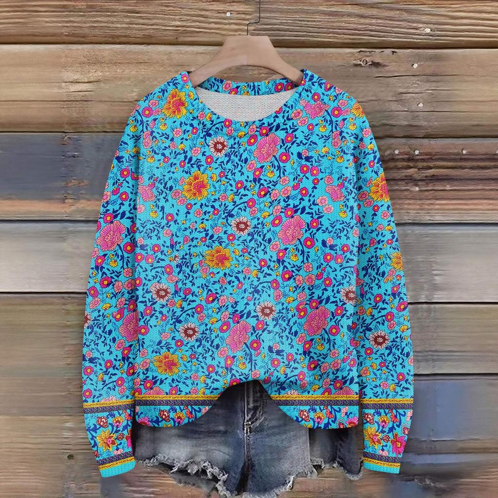 Long Sleeve Pullover Sweaters For Women O Neck Casual Cute Printing Knit Oversized Sweater