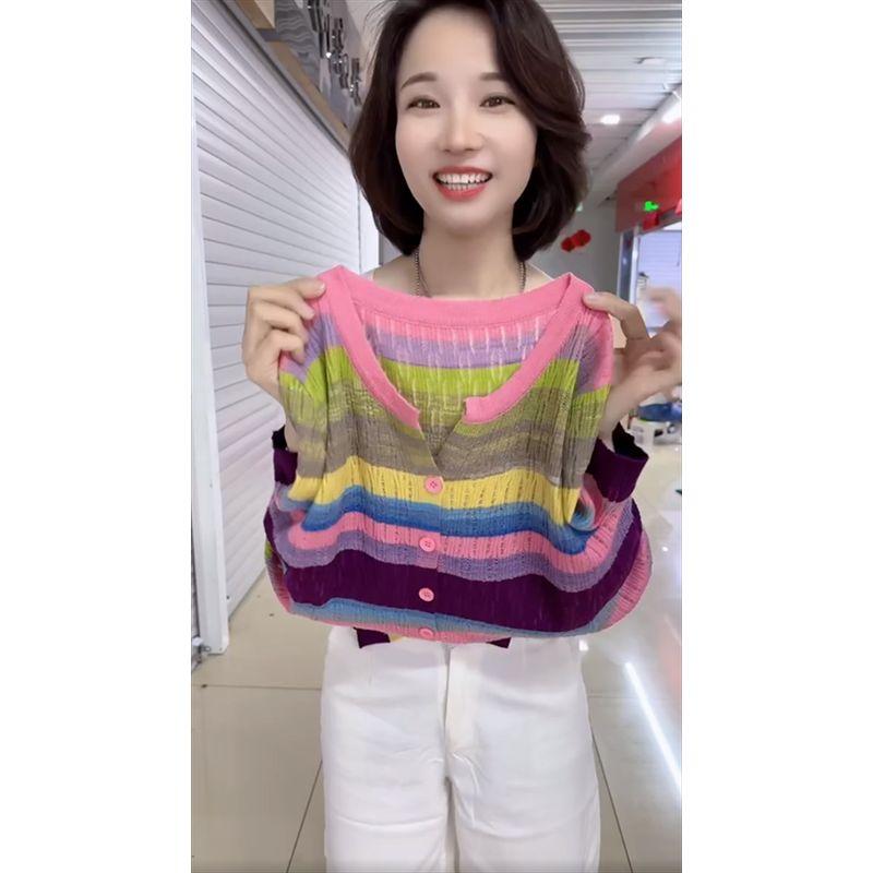 

round Neck Short Sleeve Knitting Cardigan Women s Summer New Arrival Rainbow Stripes Western Style Small Shirt K-style Versatile Slimming Top Fashion Pink Large
