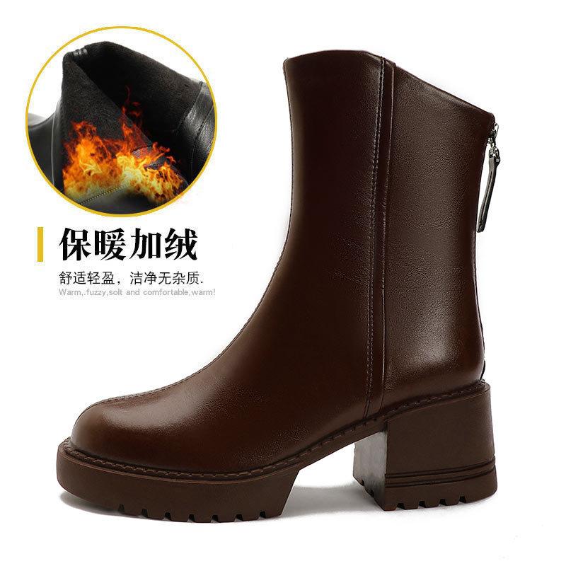 Coarse heel short boots women's spring and autumn single boots brown platform Martin boots women's British style 2025 new women's boots medium boots
