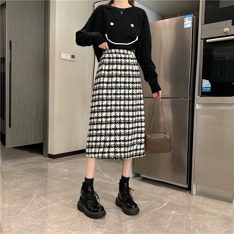 Plus Size Women s Korean Style Plaid Woolen High Waist Mid-Length Winter Skirt XL
