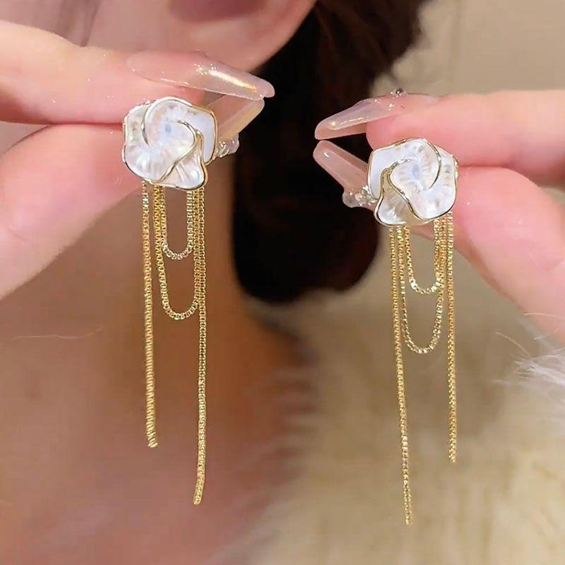 

Niche Style Drip Glazed Tassel One Style for Dual-Wear White Camellia Gold Tassel Earrings Silver Pins