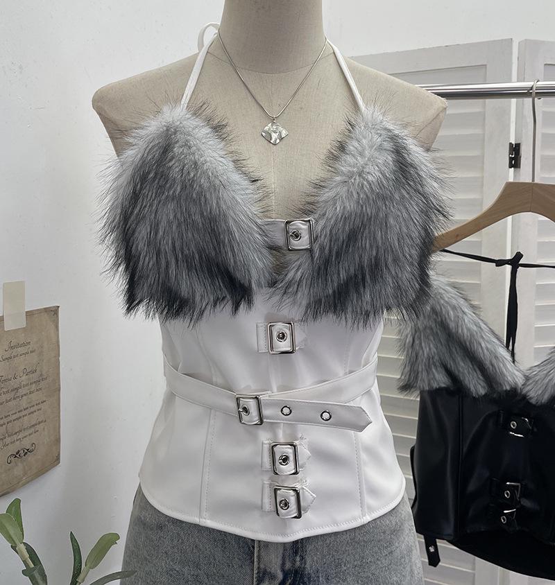 V-neck Fluffy Spliced PU Leather Halter Camisole with Buckle One Size белый