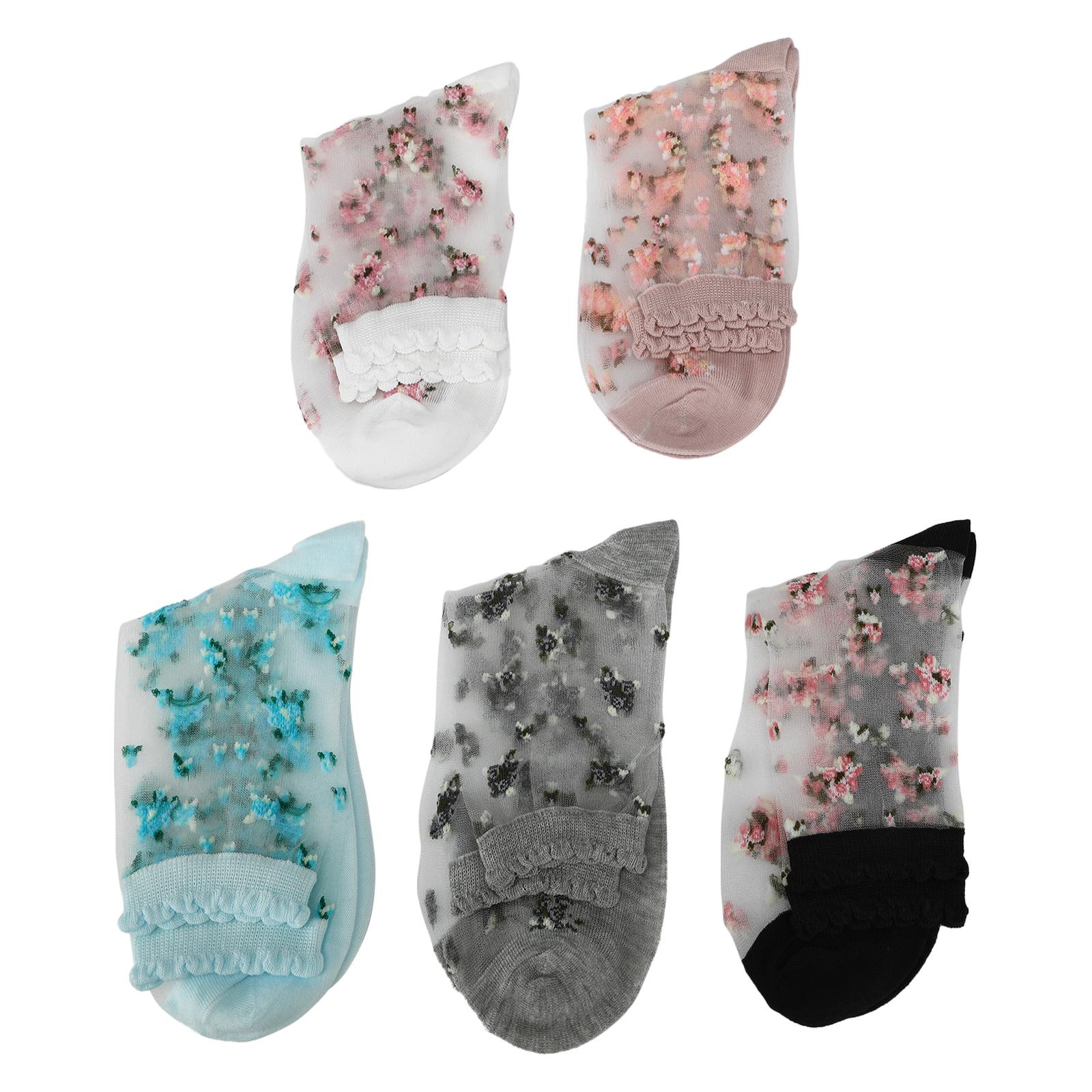 

5 Pair Summer Thin Socks for Women Middle Tube Flower silk stockings Transparent Breathable Floral Sock Soft Spring Girl Socks