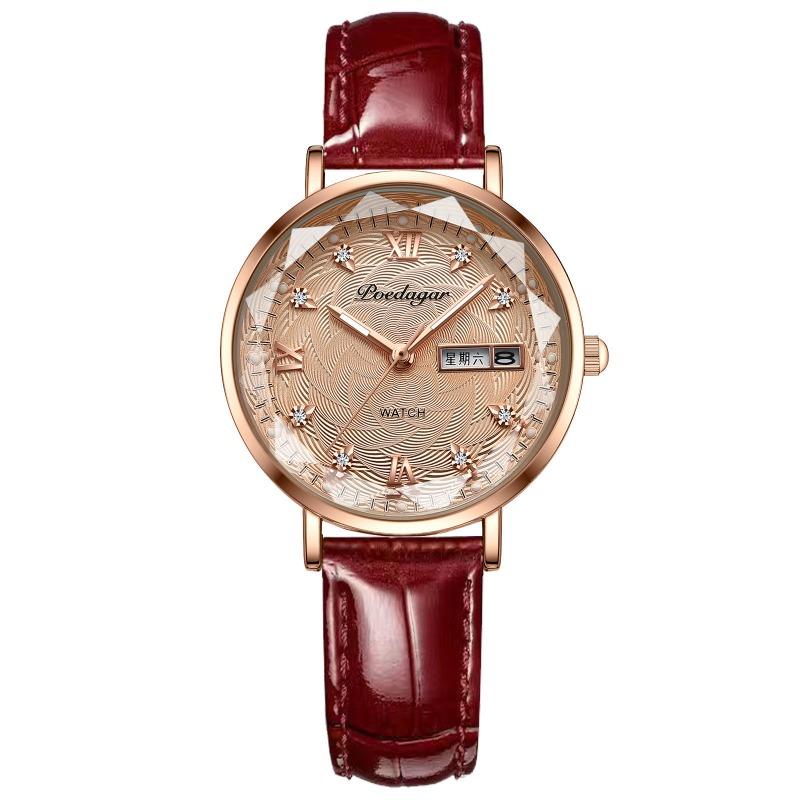 

Top Brand Waterproof Luminous Women s Watch Korean Style Fashionable Ultra-thin Double Calendar Diamond-encrusted Quartz Watch