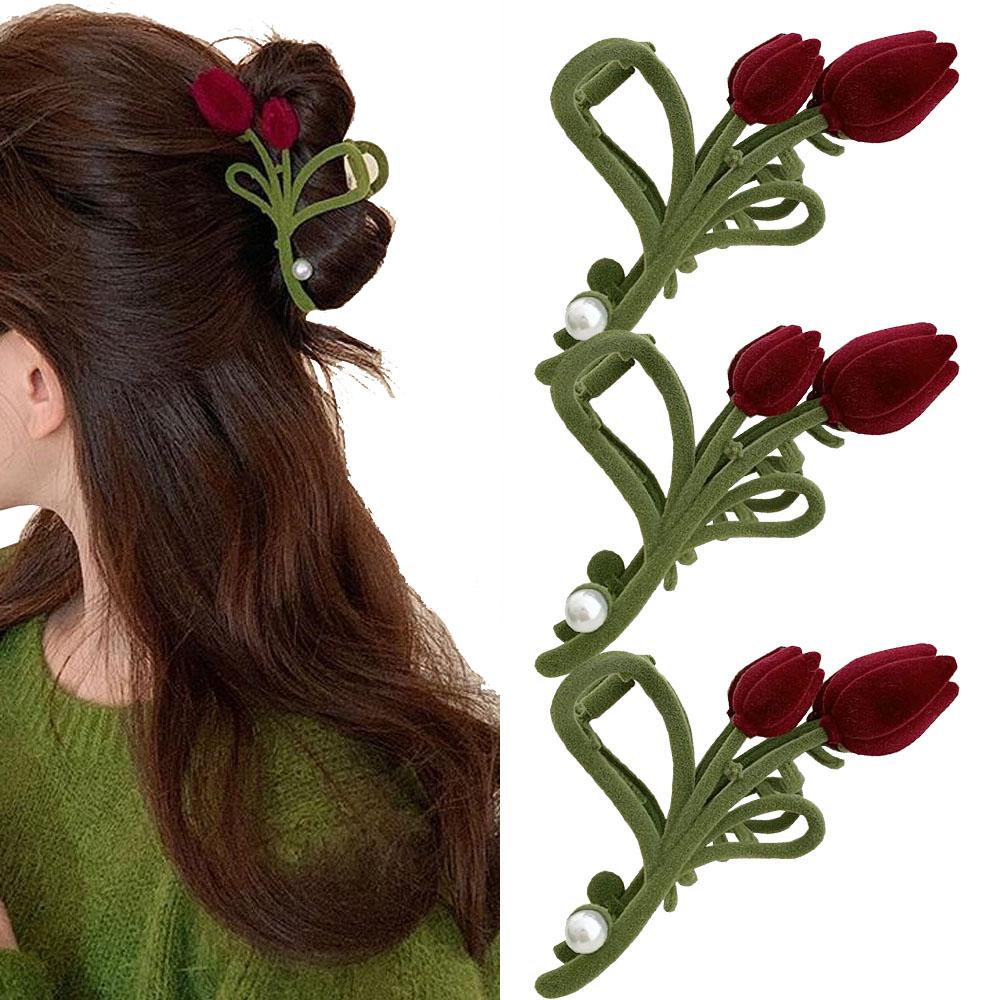 

Elegant Velvet Tulip Flower Pearl Hair Claw Wine Red Festival Hairpin for Women Fashionable Hair Accessory New