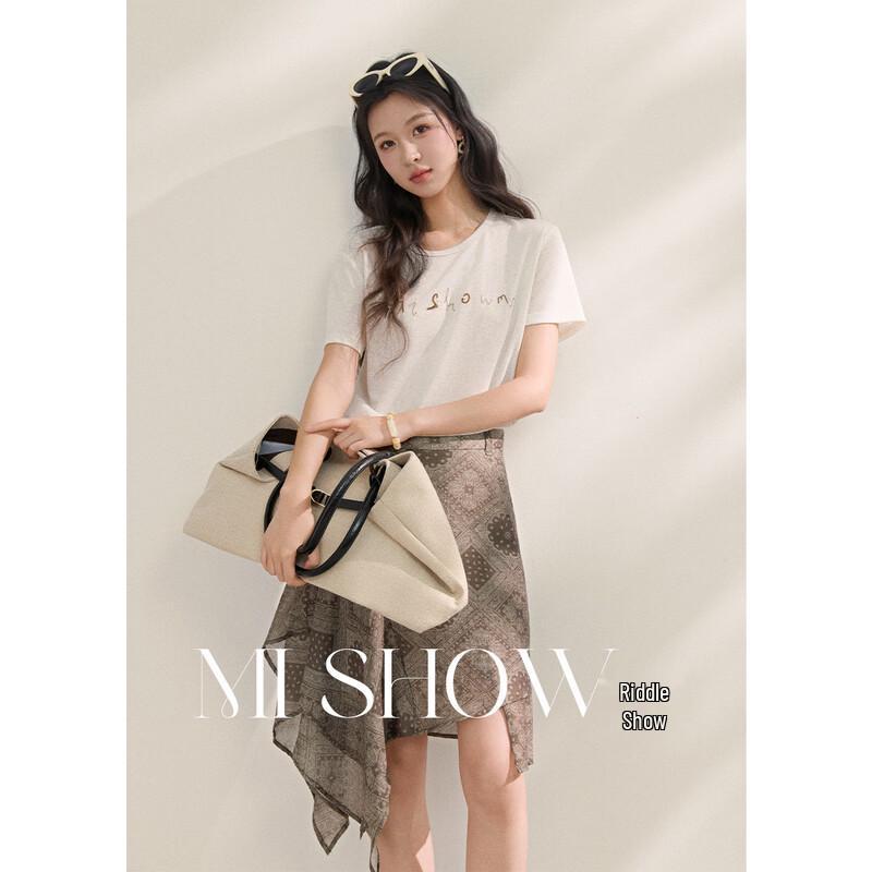 Mishow 2026 Summer Linen Blend Beaded Embroidered T-Shirt S