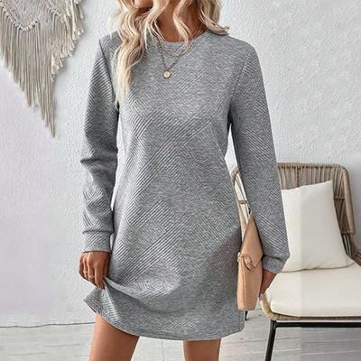 Spring Fall Dress Textured Long Sleeves Round Neck Solid Color Loose Straight Mini Dress Pullover Short Dress for Commuting Dating Travel