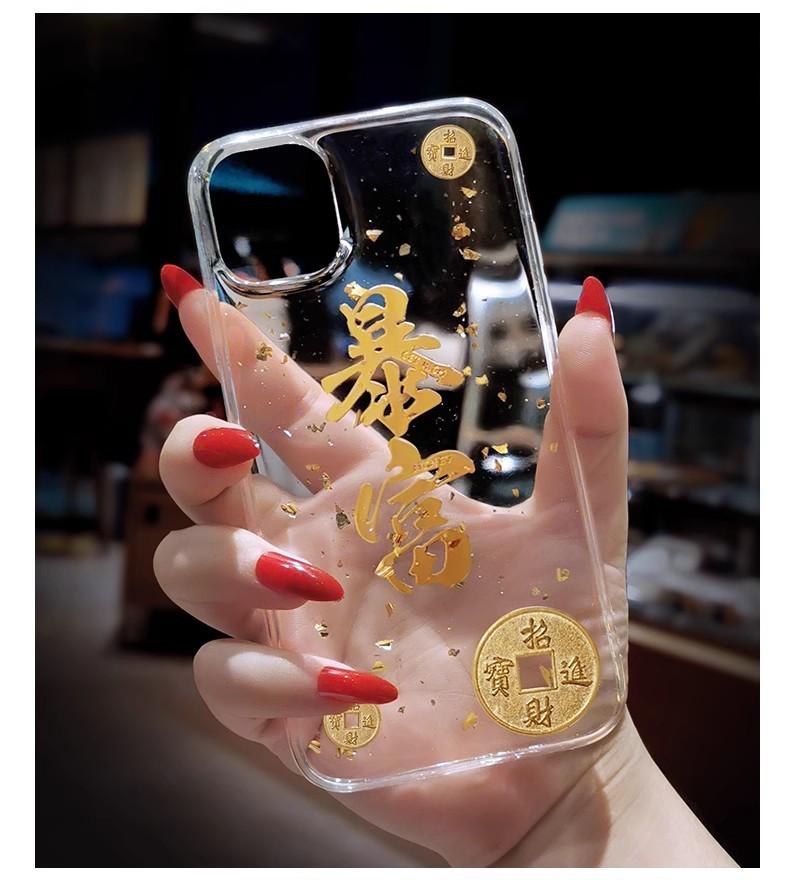 Transparent Resin Gold Foil Fortune Cat Suitable for iPhone 14, 15 Pro Max Case, iPhone 13