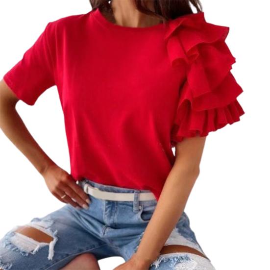 T-shirt damski z okrągłym dekoltem, nierozciągliwy, zapobiegający mechaceniu, z warstwowym falbankowym krótkim rękawem, bluzka odzież damska