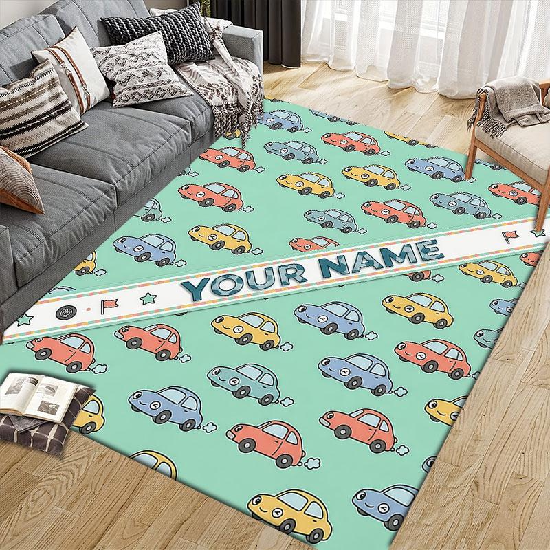 Custom Name,Cartoon Car Pattern Series Home Sofa Decoration for Living Room & Bedroom, Non‑Slip Play Flannel Floor Mat for Game Room
