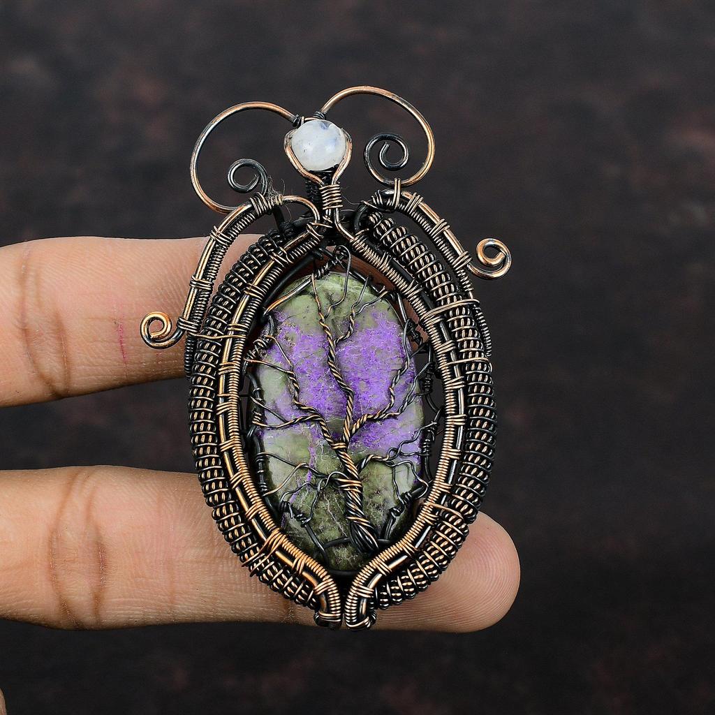 Tree Of Life Purpurite Pendant Copper Wire Wrapped Jewelry Rainbow Moonstone Pendant Handmade Copper Wire Pendant Gemstone Pendant For Gift