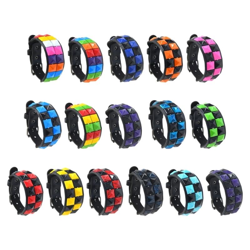 Studded Cuff Bracelet Double Row Square Studs Adjustable Closure PU Strap Punk Wrist Bangle for Concert Streetwear