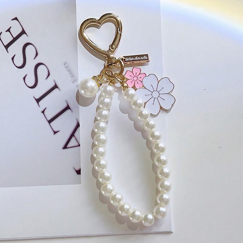 Lovely Cherry Blossoms Fan Keychain Pearl Chain Pendant Women Car Key Ring Headphone Case Charms Bag Decor Accessories
