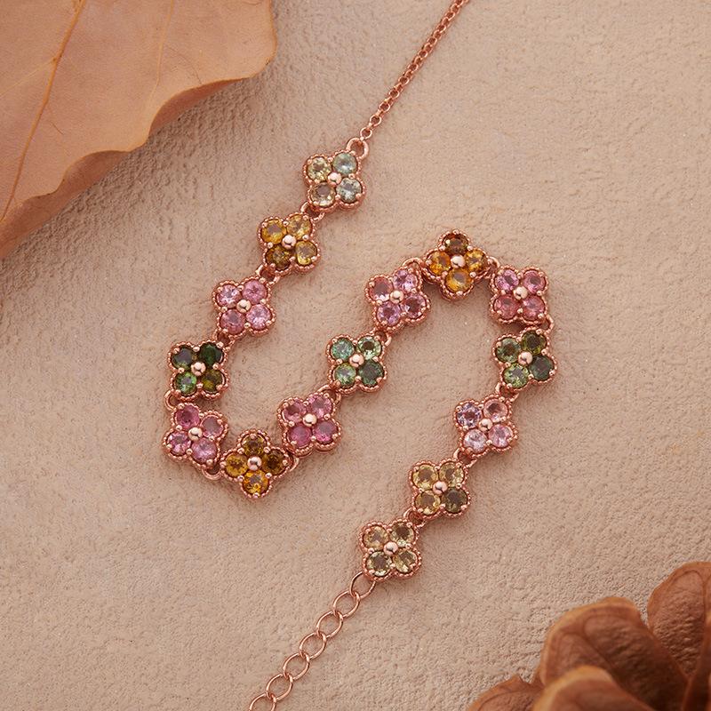 Classic Clover Natural Tourmaline Bracelet Women'S S925 Sterling Silver Plated 24K Gold Retro Gold Treasure Jewelry