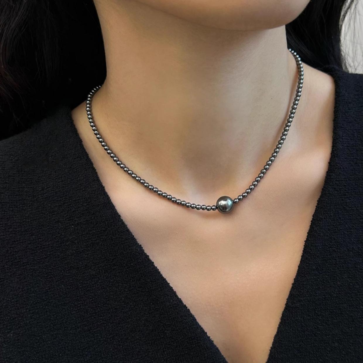 S925 Sterling Silver Tahitian Black Shijia Pearl Necklace Round Small Particle Hemp Gray Simple Pearl Collarbone Chain 925 silver
