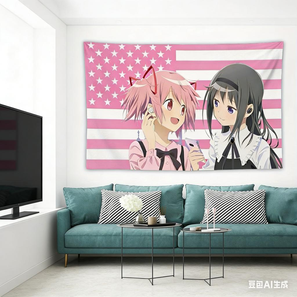 Anime Tapestry, Madoka & Homura Pink Usa Flag Print Polyester Wall Hanging, Otaku Kawaii Decor For Bedroom & Living Room