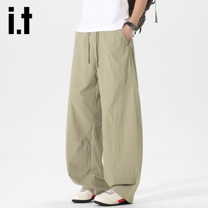 izzueit Men's Summer Ice Silk Quick-Dry Curved-Leg Straight Pants