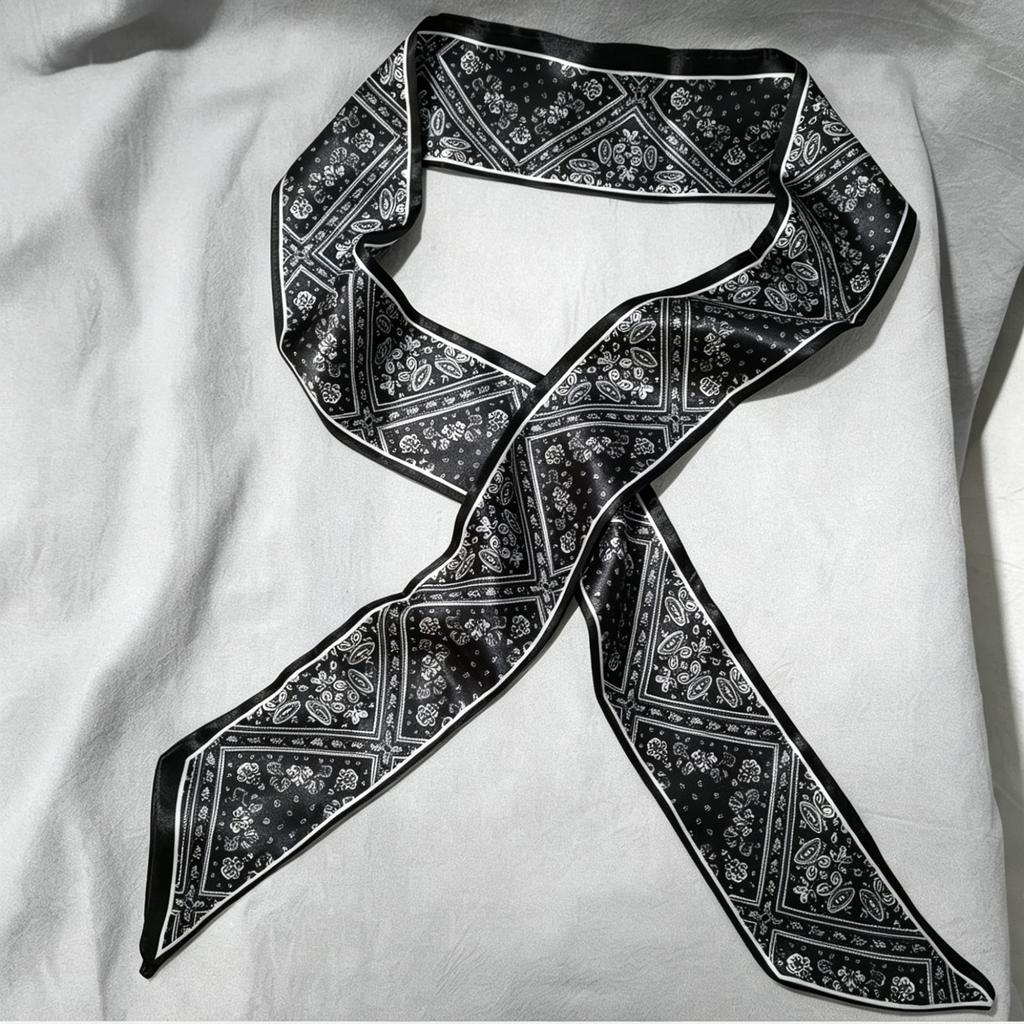 Long small silk scarf women's spring and autumn Lolita black scarf with shirt streamer ribbon belt thin scarf