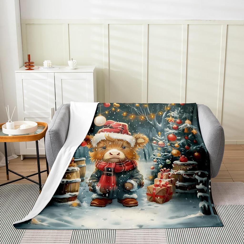 Gingerbread Xmas Flannel Blanket Blue Christmas Tree Candy Throw Blanket Western New Year Theme Cozy Throws for Bed Couch Sofa
