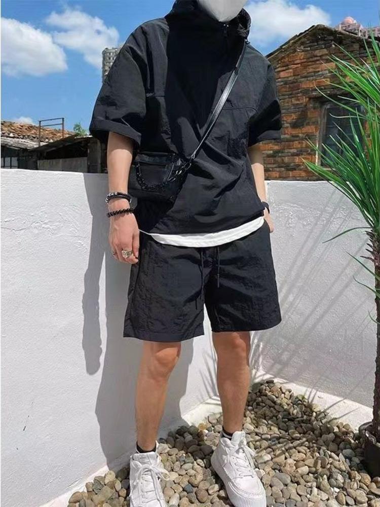 Men Summer Tracksuit Shorts Set Hooded T Shirt Zipped + Matching Shorts Solid Cargo Large Size Casual Suit