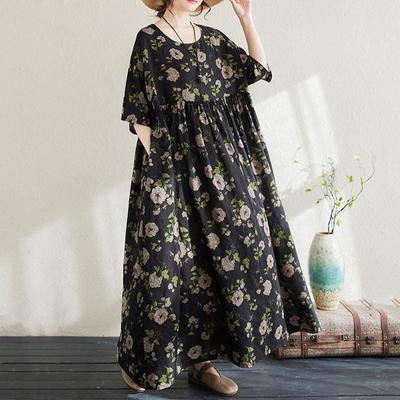 Dámske šaty s krátkym rukávom, oversized, bavlnené, vintage, kvetinové, nové v kolekcii, ležérne, voľné, dlhé, letné