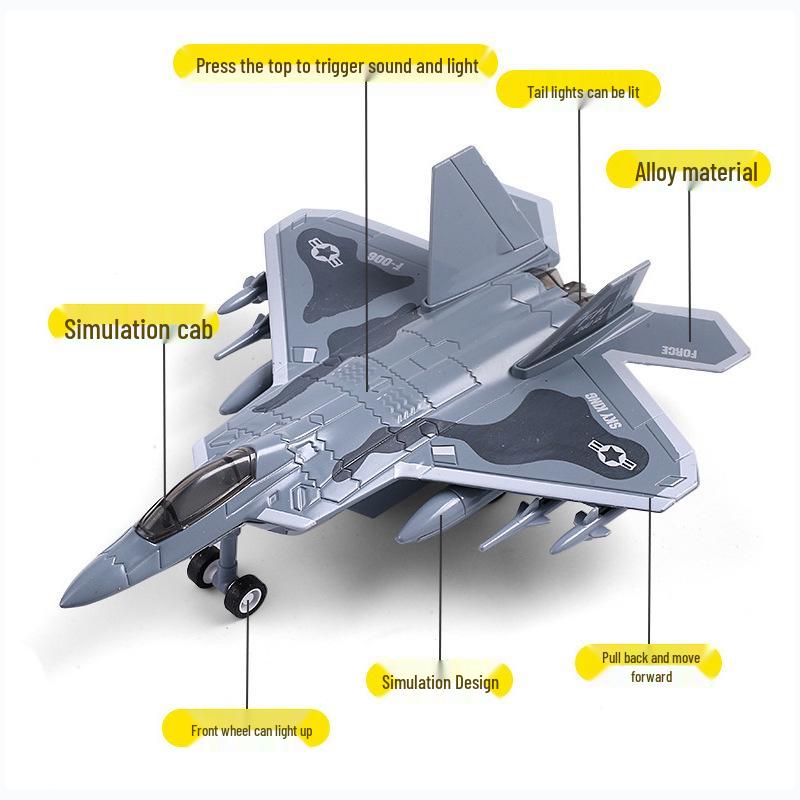 Meileqi Alloy Fighter Jet Toy with Pull-back, Sound & Light - F14, F15, F18, F22 Models
