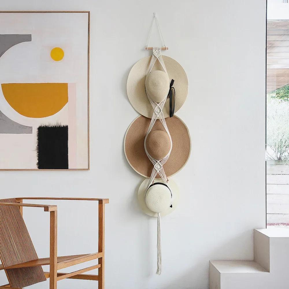 Hängender Huthalter aus Baumwolle im nordischen Stil im Boho-Stil, Organizer, Display, Hutschal-Organizer, Rack, Makramee-Wandteppich, Hutaufhänger, Wandaufbewahrung