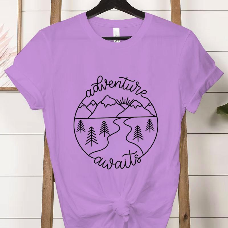 Adventure Awaits Outdoor Graphic T Shirts Women Mountain Nature Lover Gift Crew Neck Short Sleeve Tshirt Adventure Classic Tops