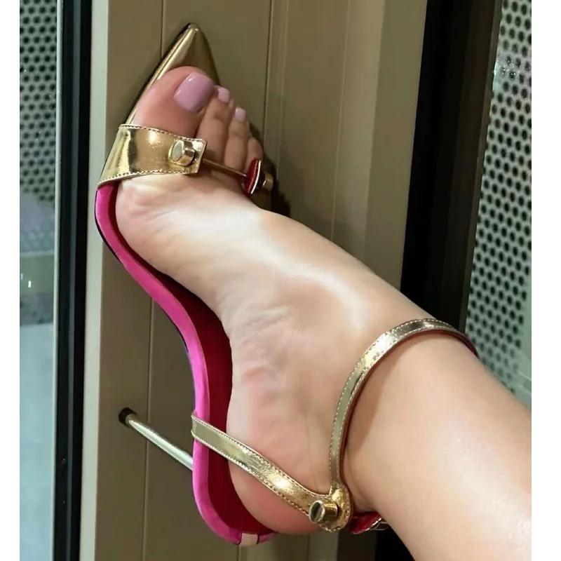 Fashion Eilyken Sexy Design Gold Silver Rivet Buckle Strap Women Sandals Street Style Open Toe Thin High Heels Stripper Shoes