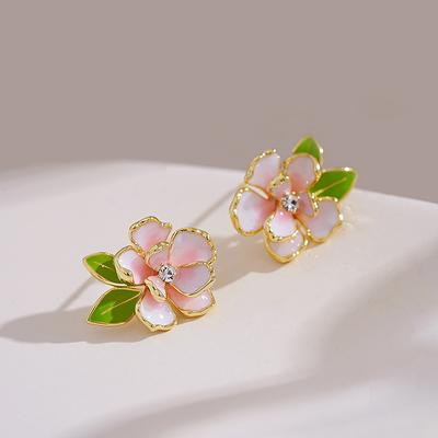 1Pair  Camellia Enamel Flower Leaf Earrings Sweet Elegant Stud Earrings For Women Girls Anniversary Jewelry Gifts