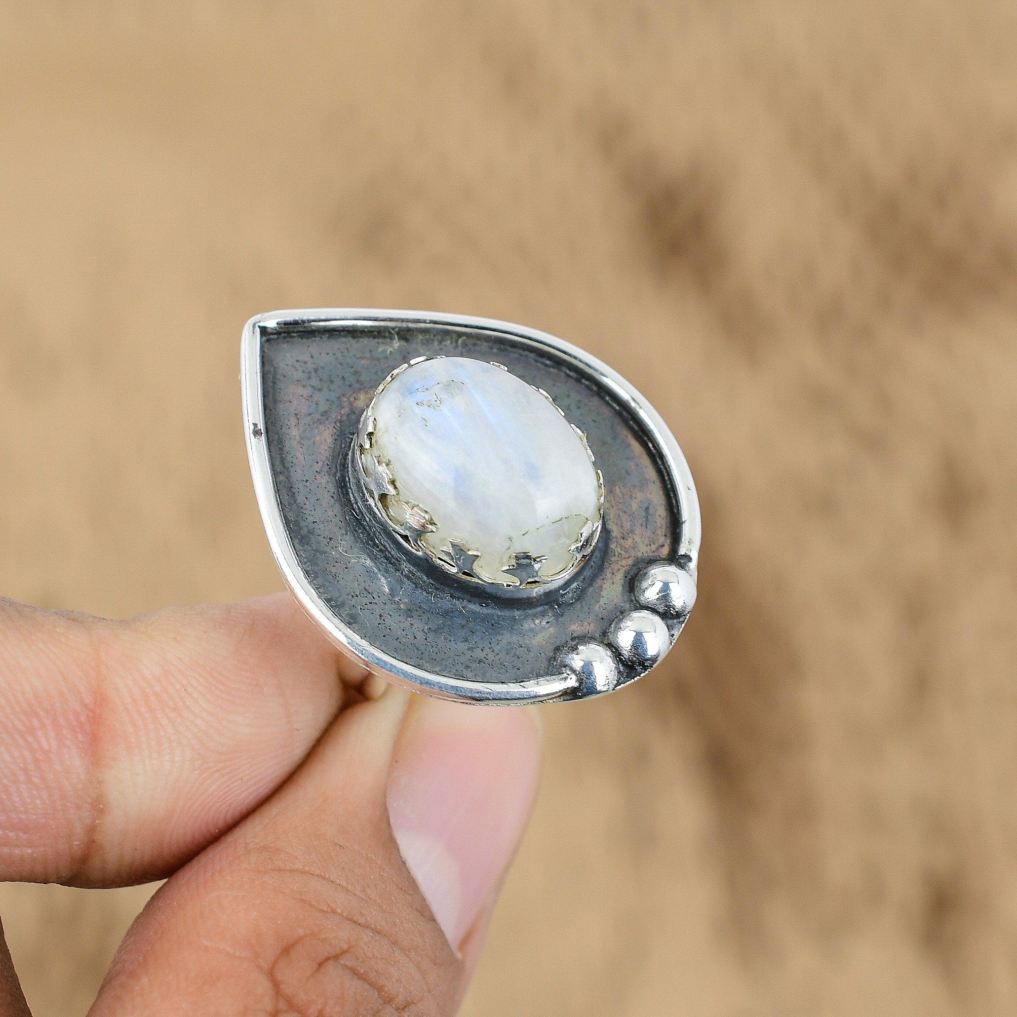 

Mothers day Deal 925 Sterling Silver Rainbow Moonstone Gemstone Boho Ethnic Ring Yes