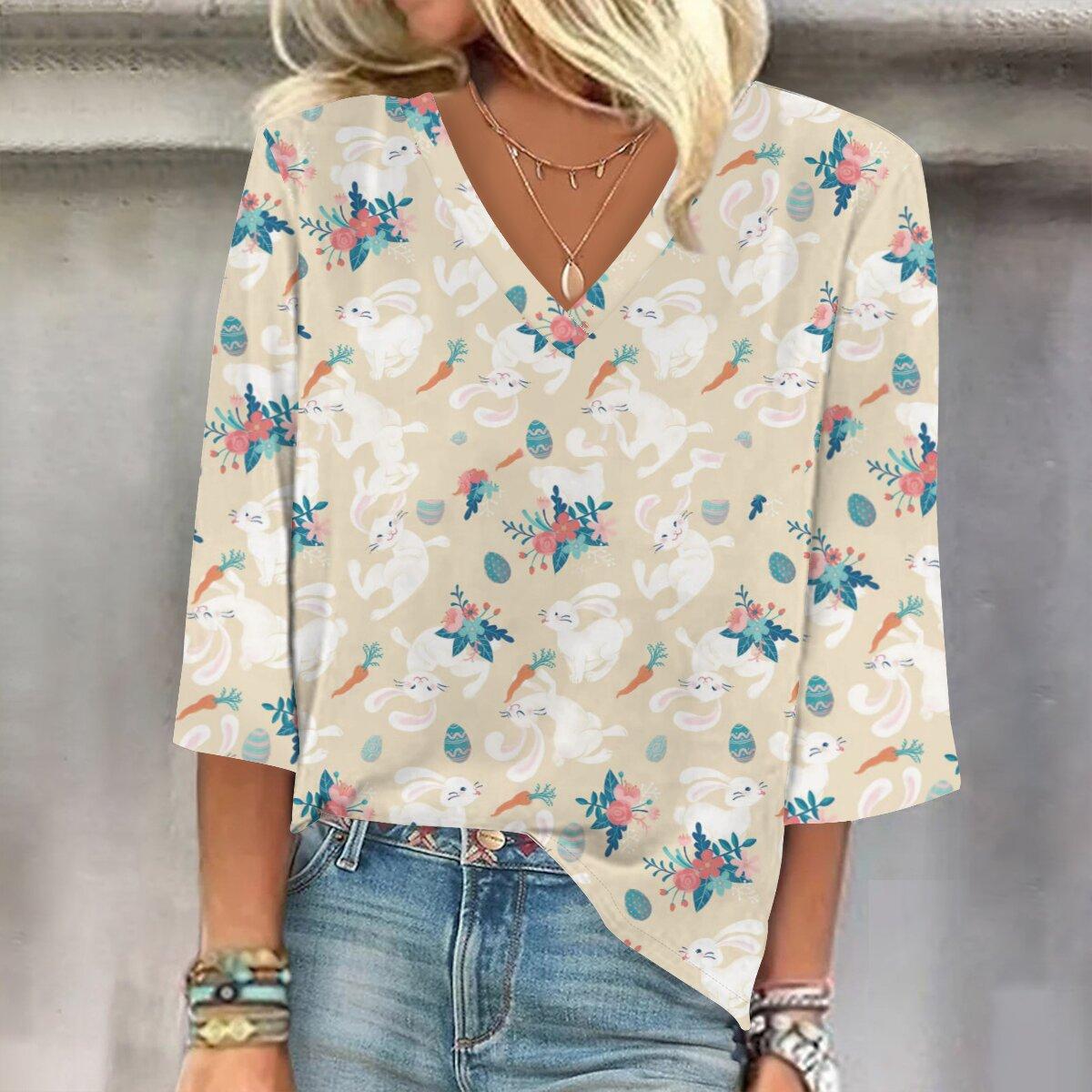 

Весна и осень 2023, новый модный женский повседневный топ с v-образным вырезом и рукавом 3/4 с принтом, размер гной