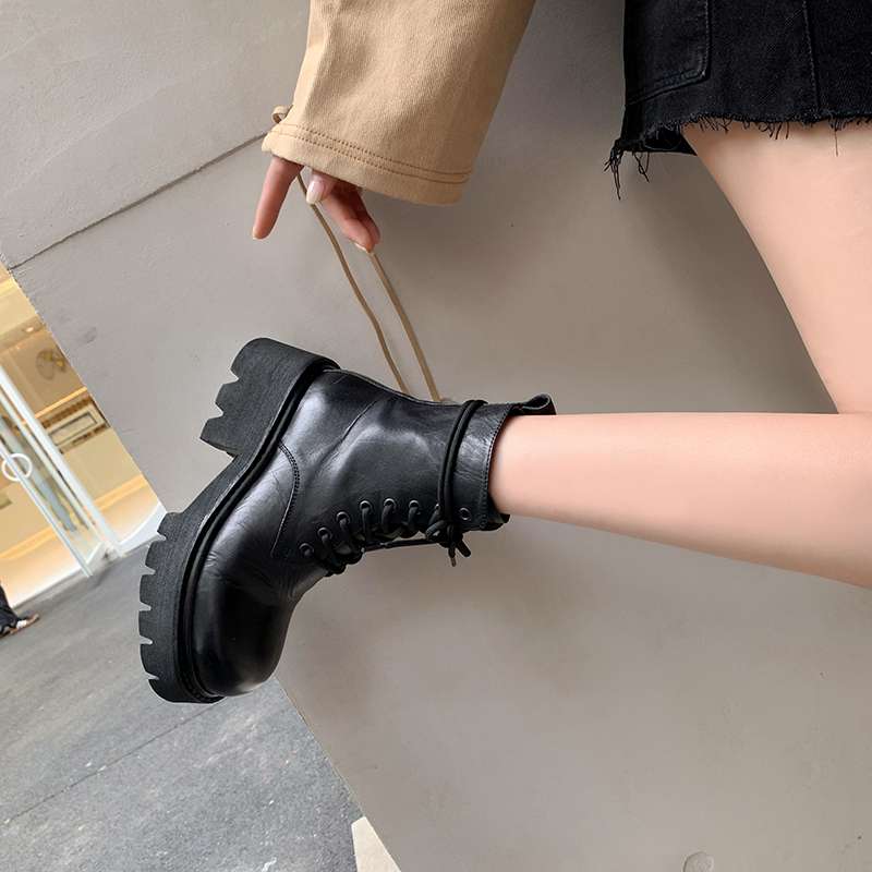 Krazing Pot Kuskinn Høst Vinter Sko Rund Tå Medium Hæler Snøring Motorsykkelstøvler Dame Ankelstøvletter