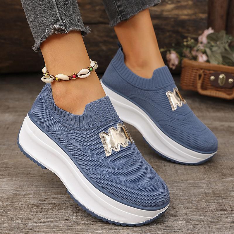 Fashion Breathable Knitted Platform Sneakers for Women Fashion Letter Decor Creepers Shoes Woman Thick Sole Slip On Walking Shoes 36-43