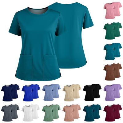 Women's Fashionable Solid Color Round Neck Pocket Short Sleeved Shirt With Slit Hem Uniform And Worker Top