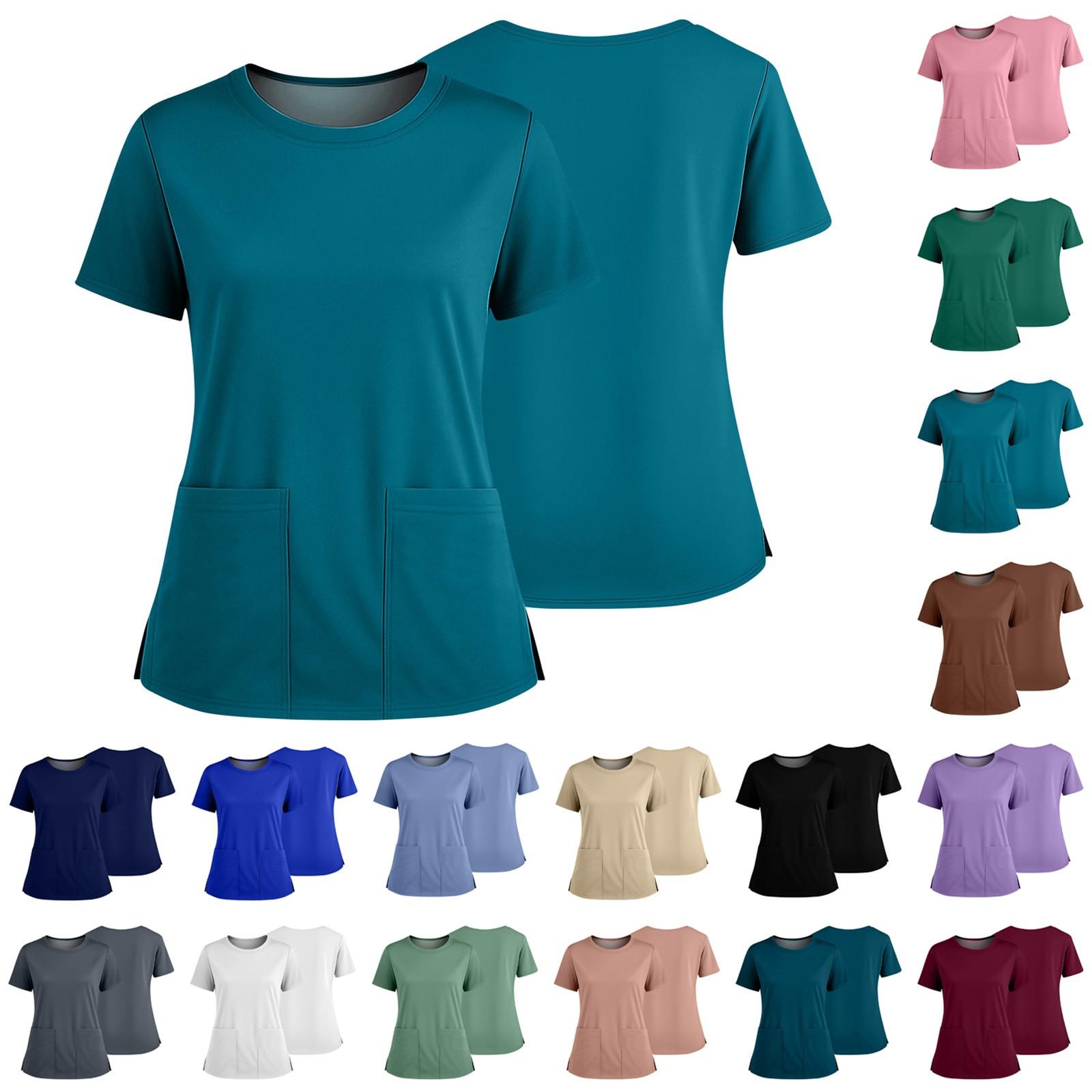 

Women s Fashionable Solid Color Round Neck Pocket Short Sleeved Shirt With Slit Hem Uniform And Worker Top XXXL винний