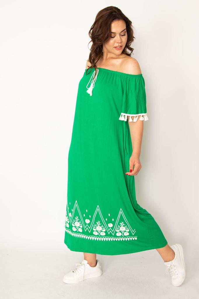 Women's Big Size Dress Plus Size Green Karmen Collar Long Dress with Embroidery and Tassel Detail