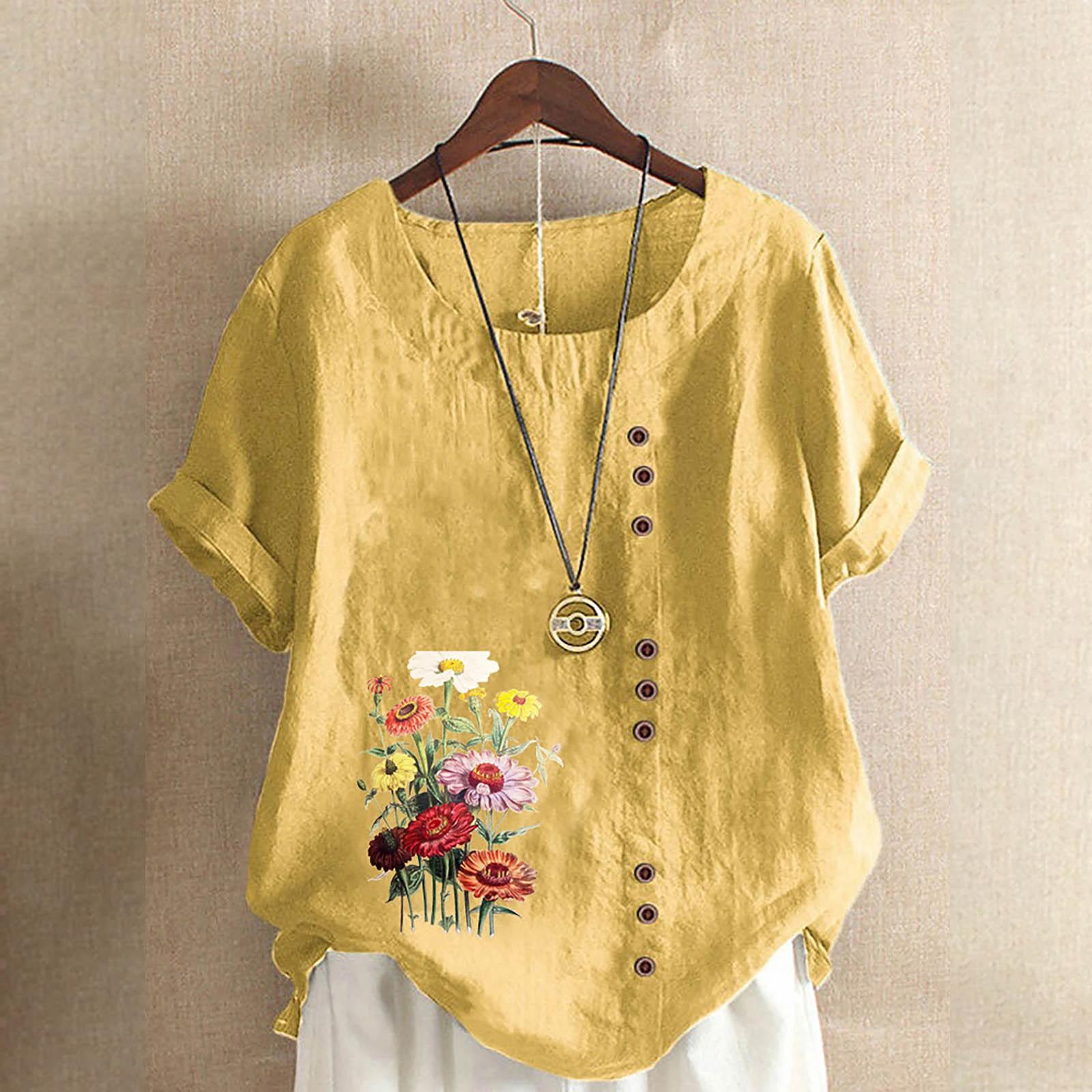 

Женский модный свободный топ с круглым вырезом из хлопка и льна с короткими рукавами и принтом XXXL жёлтый