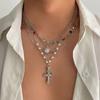 Silver Cross Pendant Necklace Ethnic Style Rhinestone Necklace Creative Love Pearl Necklace  Male