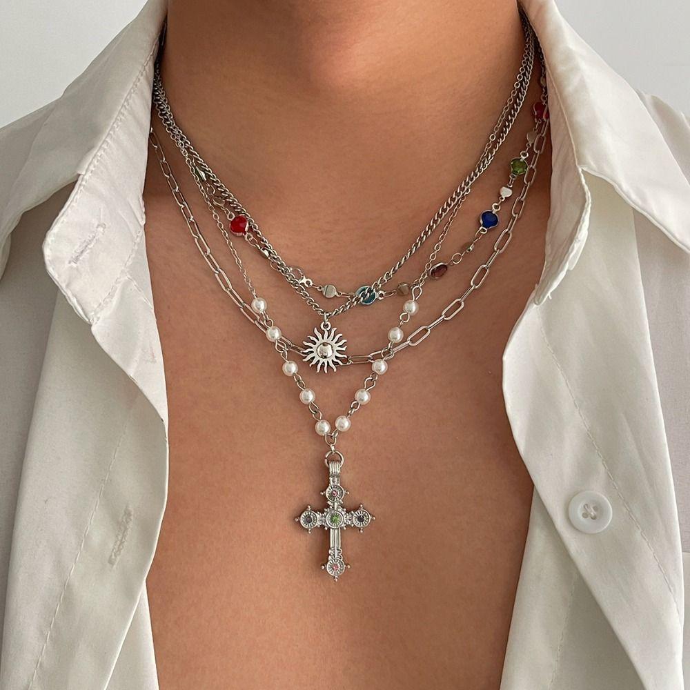 Silver Cross Pendant Necklace Ethnic Style Rhinestone Necklace Creative Love Pearl Necklace  Male