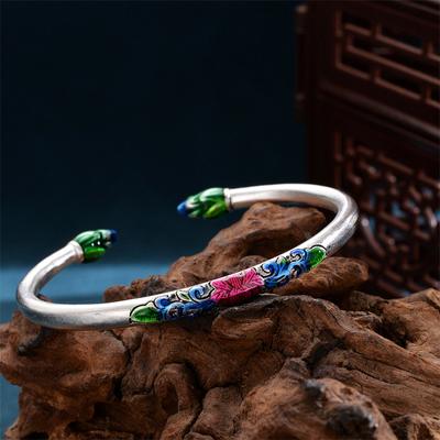 Nový smaltovaný náramek pro ženskou Čínu-Chic, Cloisonne, lotosový květ, Burnt Blue, retro náramek pro maminčin dárek k narozeninám