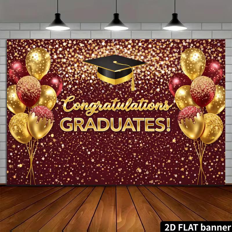 2D Grad Party Backdrop, "GRADUATES!" with Balloons Photography Background Banner