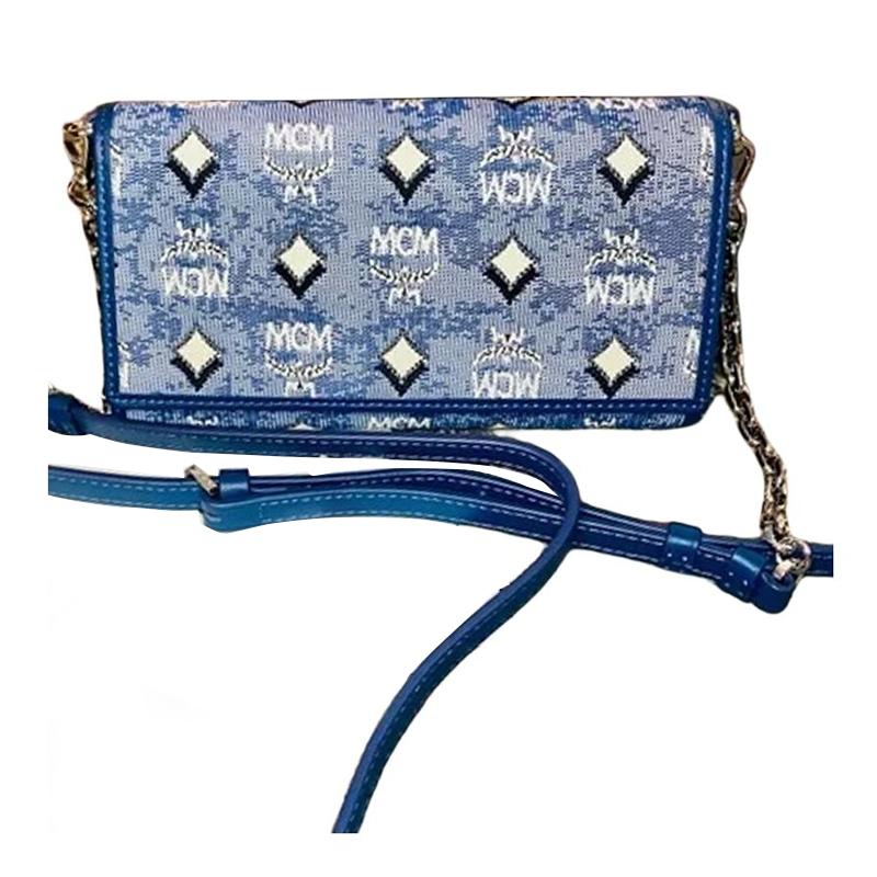 New MCM Aren Jacquard Textile, Leather Trim Wallet, Shoulder Bag, Crossbody Bag Large Women's Blue MXECATA01LU001