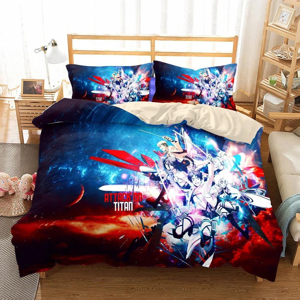 Anime Attack On Titan Bettwäsche-Set, Kawaii Loli Boy, Bettbezug, 3D-Druck, Japan Cartoon, Bettbezug, Kissenbezug, keine Laken