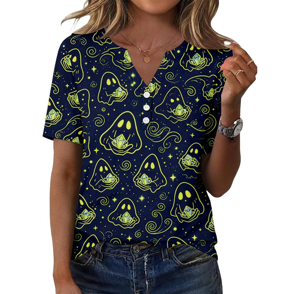 Women's Casual Halloween Print V Neck Short Sleeve Button Front T Shirt Top for Everyday Wear and Seasonal Events